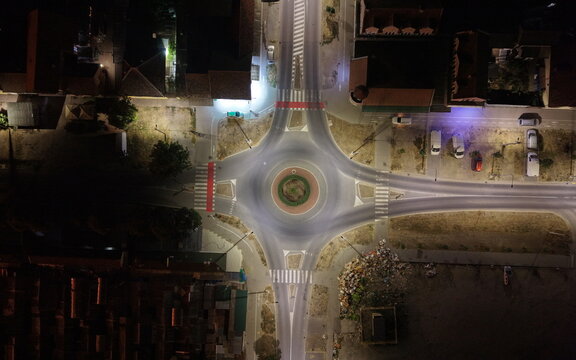Aerial view of the illuminated roundabout in Omoljica, Vojvodina, Serbia.