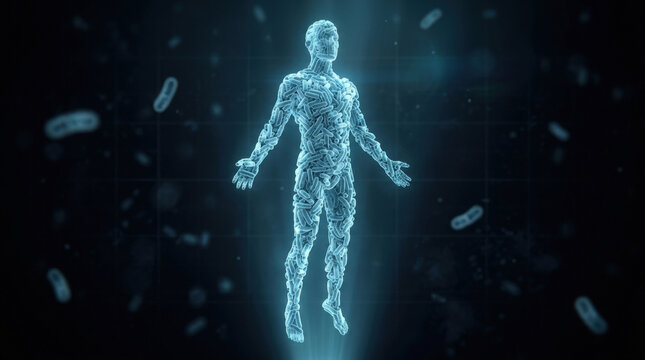 Human body silhouette formed by countless microscopic bacteria to represent human microbiome and internal health research on dark grid background.