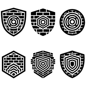 Set of vector shield icons with brick wall texture and geometric patterns collagen skincare