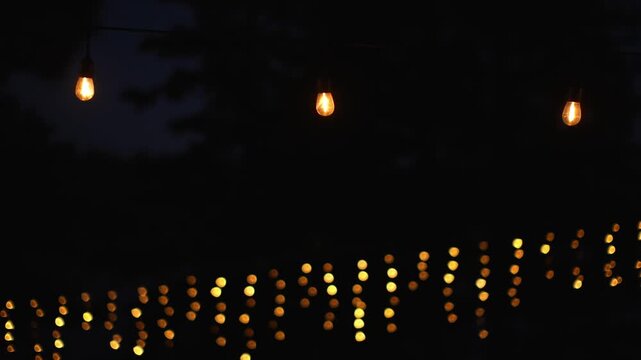 Warm hanging bulbs glow above golden bokeh string lights in dark forest, creating cozy nighttime campsite illumination with soft golden points against deep blue and black woodland shadows