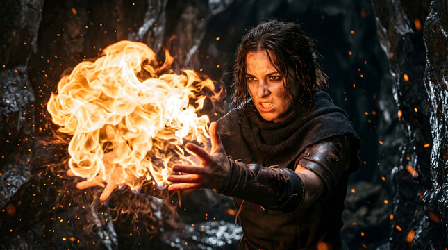 A dramatic cinematic portrait of a fierce fantasy sorceress casting a powerful fireball spell inside a dark stone cave. The young woman has a determined expression, wearing leather armor with ember...