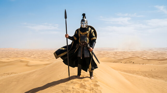 A powerful fantasy warrior in ornate black and gold armor, wearing a silver mask and helmet, stands holding a long spear atop a wind-swept desert sand dune under a bright blue sky.