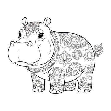 Cute Hippopotamus Coloring Page with Intricate Mandala Patterns, Zen Doodle Style, for Adults and Children