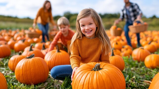 Family enjoys a day at the pumpkin patch picking pumpkins on a sunny autumn afternoon Generative AI