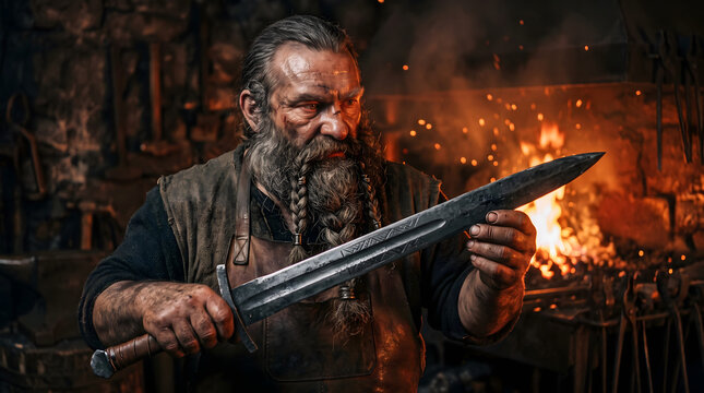 A rugged medieval blacksmith with a long braided beard carefully inspects a newly forged steel sword blade in a dark workshop. In the background, a blazing hot furnace fire glows with bright orange...