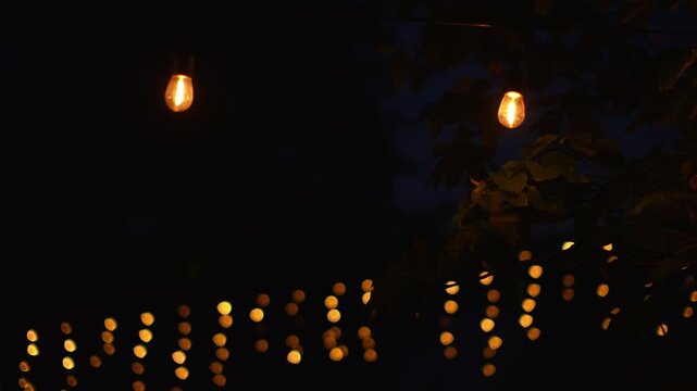 Warm hanging bulbs glow above golden bokeh lights among dark leaves, creating a cozy nighttime campsite atmosphere with soft illumination against deep blue forest shadows