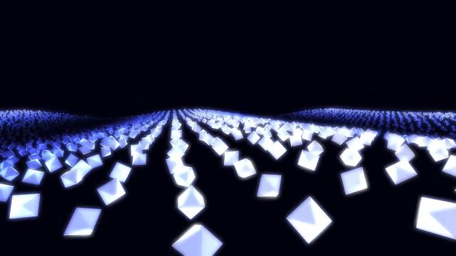 Glowing geometric diamonds form a digital waving grid structure over a dark futuristic background.
