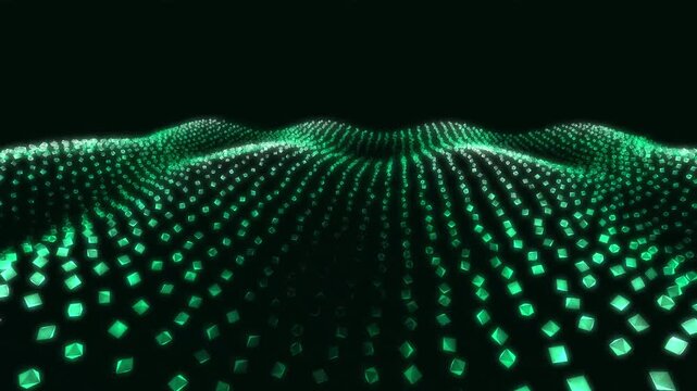 Green data particles form a waving mesh network on a dark background.