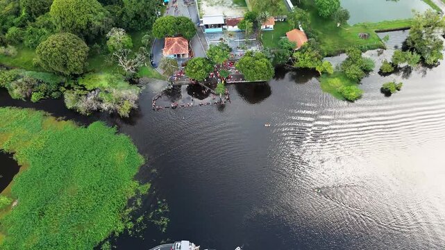Parintins, Amazonas, Brazil - June 15, 2025: Aerial views of the Cantagalo recreational area, in the Aniga community, Parintins (bathing place)