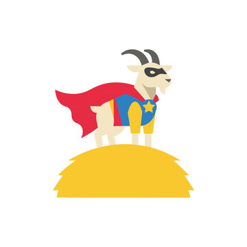 Cute cartoon goat superhero wearing a red cape and blue costume standing on a yellow hill vector illustration