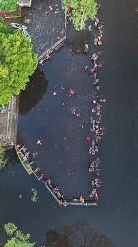 Parintins, Amazonas, Brazil - June 15, 2025: Aerial views of the Cantagalo recreational area, in the Aniga community, Parintins (bathing place)