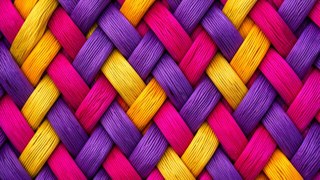 Colorful woven pattern of yarn in pink, purple, and yellow