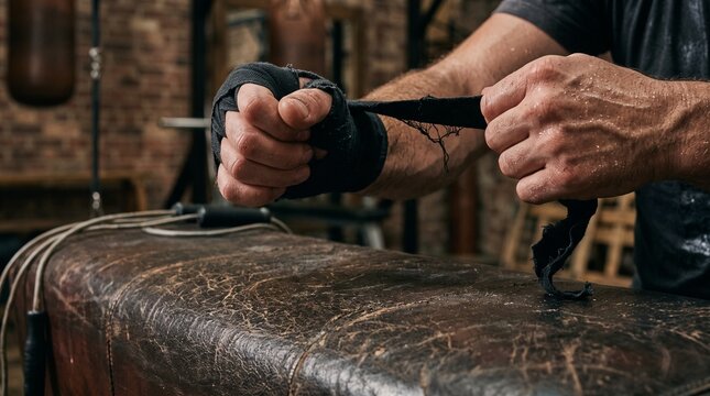 Close up of a male boxer wrapping his hands with black bandages in a gym before training