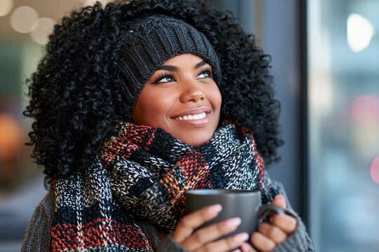 Happy Young Black Woman in Knit Beanie and Plaid Scarf Holding Coffee Mug Looking Upward