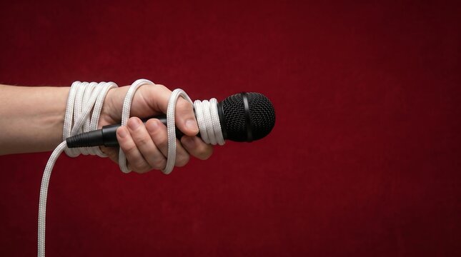 Tied Hand Holding Microphone representing Censorship Concept
