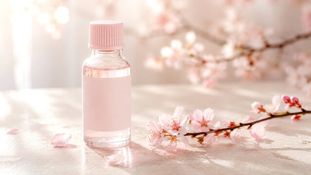 Delicate pink skincare serum in a transparent cosmetic bottle surrounded by blooming cherry blossom branches and petals, soft warm daylight and an elegant pastel setting, Japanese-inspired spring beau