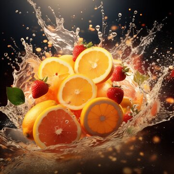 Fresh colorful yellow red strawberry orange citrus fruit splash splatter action dynamic healthy tumble nutrition food diet flavor Flavonoids tasty taste