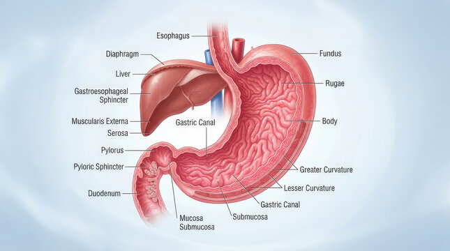 Anatomical diagram of human stomach showing internal structure including rugae and sphincters with clear labels for education and medical study.