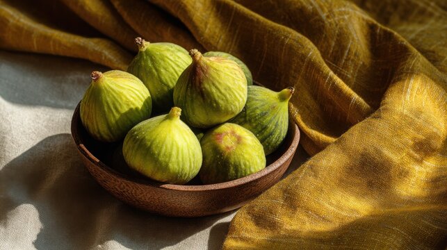 Fresh green figs sit inside a ceramic bowl beside draped yellow fabric on a rustic surface.