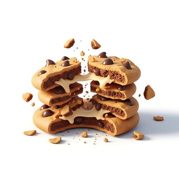 Stack of delicious chocolate chip cookies breaking apart with melting cream filling