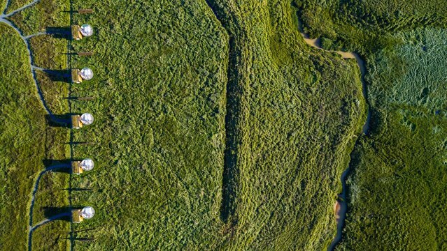 Aerial view of small cabins nestled in a vast green field with a winding stream in Hella, Rangarthing ytra, Iceland.