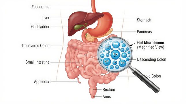 Comprehensive digestive system diagram features magnified gut microbiome characters and labeled organs for elementary education and health.