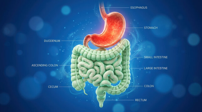 Digital anatomical model of human digestive system against blue background for clinical study healthcare training and medical research imaging.