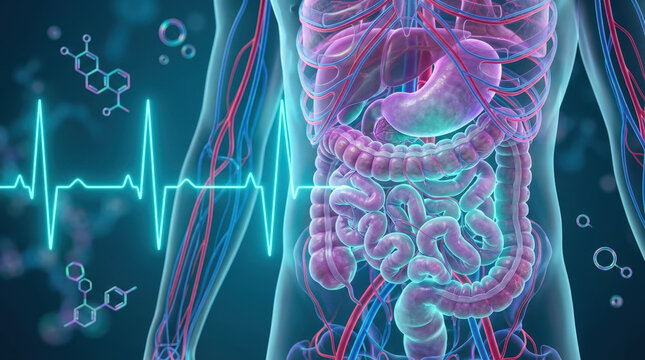 Human digestive system and organs are highlighted in a glowing blue overlay with a medical chart heartbeat line.