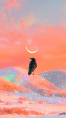 Naklejka premium Mystical raven under crescent moon mobile wallpaper