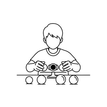 Person playing shell game with balls and camera, isolated on white