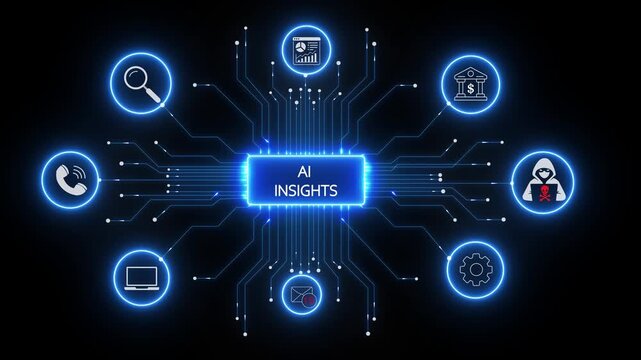 Ai insights digital network infographic with cybersecurity and data analytics futuristic technology hud interface with glowing circuitry lines on black background