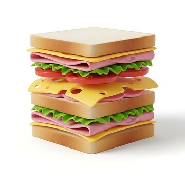 A delicious looking 3D rendered tall double decker sandwich featuring fresh ingredients