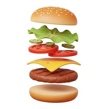 Exploded view of a delicious hamburger with floating ingredients separated isolated on white background