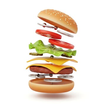 Exploded view of a delicious hamburger with floating ingredients on white background