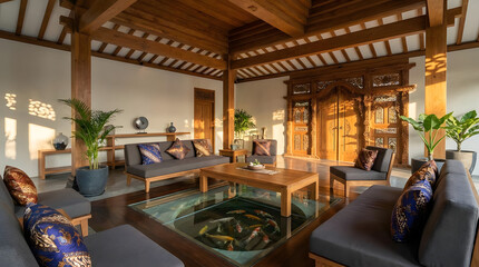 Fototapeta premium Traditional Japanese lounge with glass koi pond floor.