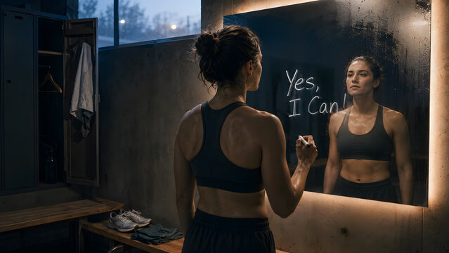 Determined Female Athlete Writing Yes I Can on Gym Mirror After Workout