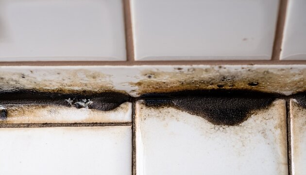 black mold and mildew on white bathroom tile grout