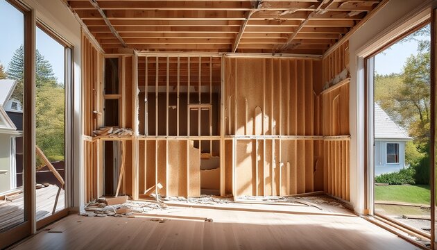 interior wall demolition in a house home renovation project with exposed wooden studs