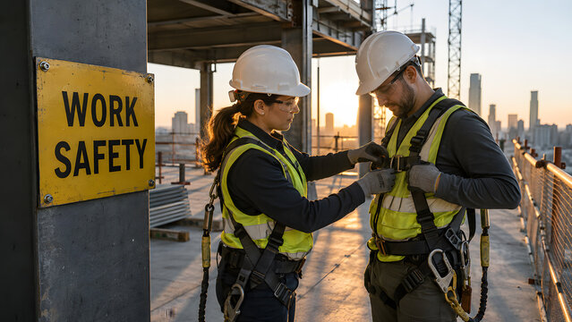 Construction Workers Checking Safety Harnesses on High-Rise Building Site