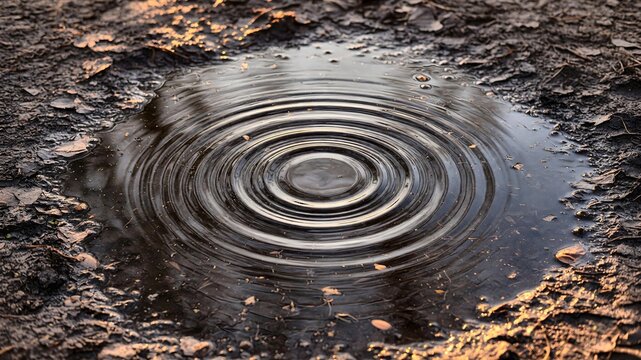 Concentric Water Ripples Forming Expanding Rings in a Muddy Ground Puddle