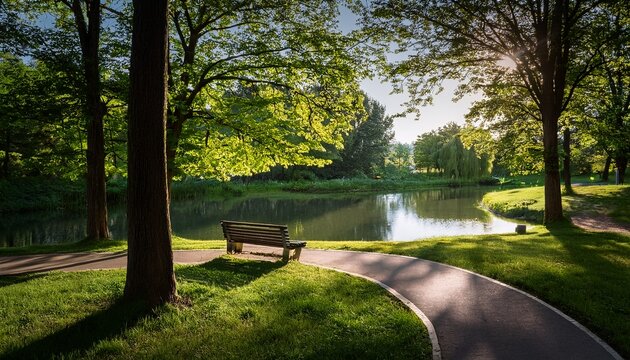 a serene park scene features a winding path lush trees casting shadows over a tranquil lake reflecting sunlight a bench rests beside the path
