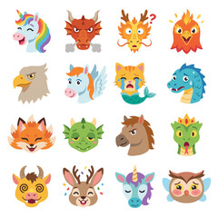 Fototapeta premium Cute fantasy creature head avatars and facial expression emojis set, featuring unicorn, dragon, phoenix, griffin, cat mermaid, basilisk, jackalope, and chimera isolated on white background.