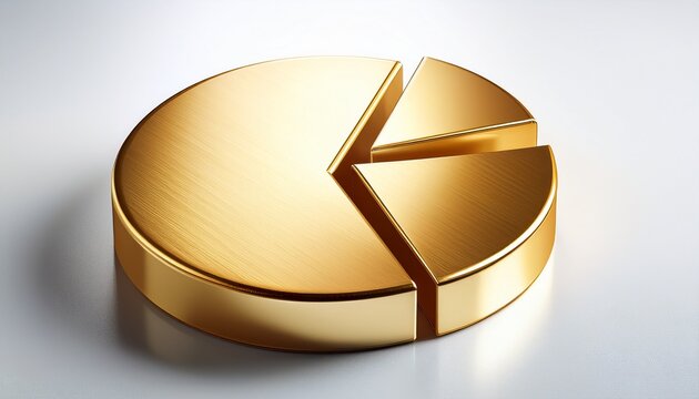 gleaming golden pie chart with a small slice removed symbolizing share distribution or data analysis on a pristine white background
