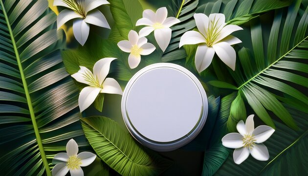 showcase your natural beauty products with this pristine white jar and box nestled amongst lush tropical foliage and delicate flowers perfect for cosmetic branding