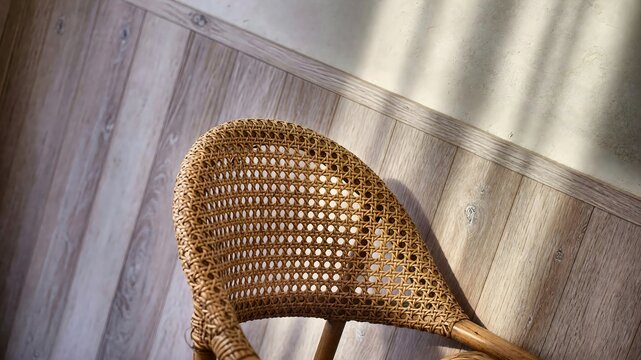 Woven rattan chair backrest in front of light wooden wall paneling with soft sunlight shadows
