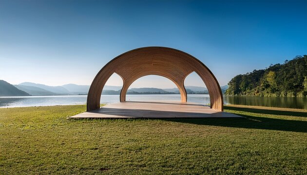 minimalist arched pavilion framing serene lakeside landscape