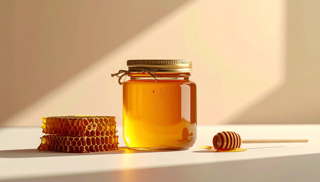 Frasco de vidrio de miel pura con panal de abejas y cera