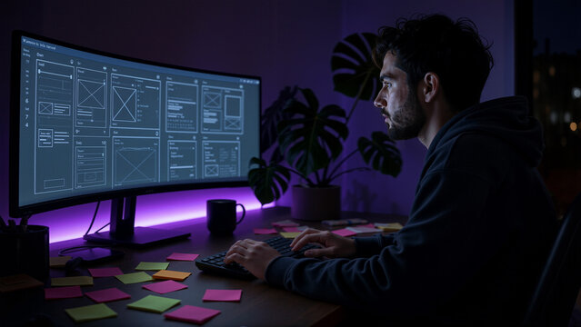 Male designer working on a digital interface at night