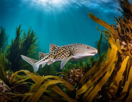 a spotted leopard shark swimming through kelp forests