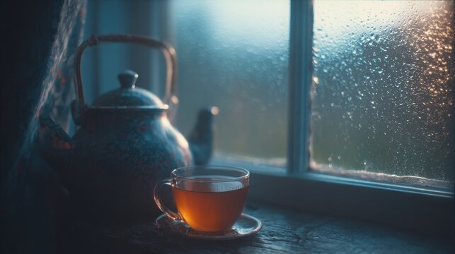 Glass teacup sits on a wooden ledge beside a dark teapot against a rain-splattered window glass during a dreary day.